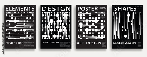 Modern posters . Vector design composition with various geometric shapes . Abstract contemporary art . Vector art ideal for media, ads, covers, brochures, banners. Black and white.
