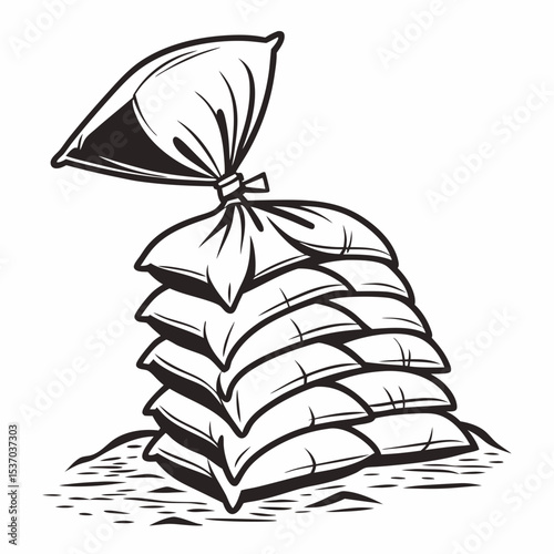 Stack of tied sandbags on ground black and white illustration