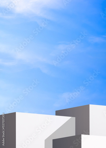 Geometric White Podiums Step Backdrop against Blue Summer Sky, Minimal 3d Platform Stand Vertical Background for Cosmetic Product Display Presentation, illustration