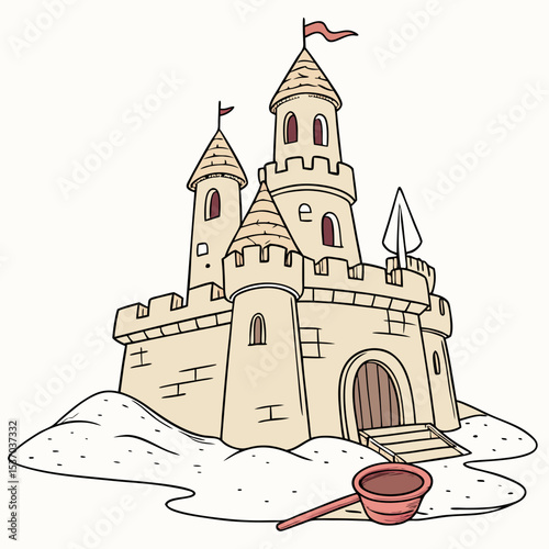 Majestic sandcastle on beach with toy bucket and shovel