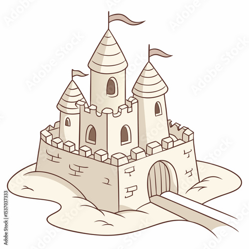 Majestic sandcastle on beach with drawbridge and flags