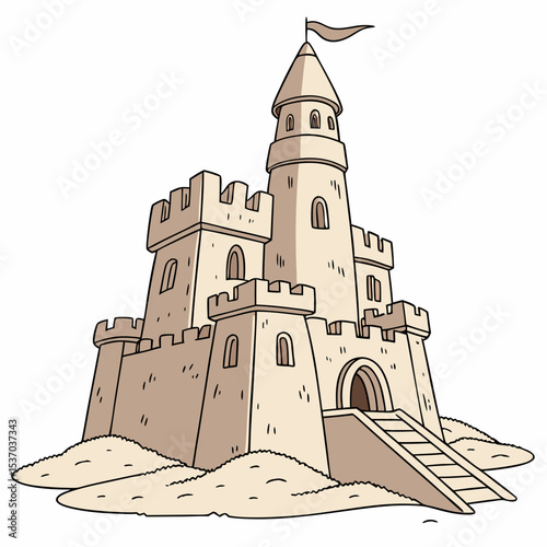 Majestic sandcastle beach vacation summer fun cartoon illustration