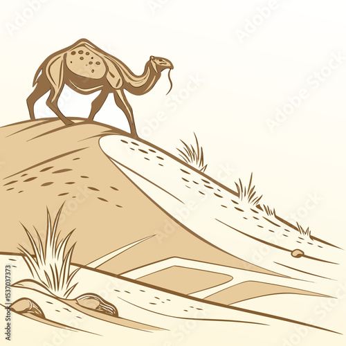 Camel silhouette on desert dune scenic landscape illustration