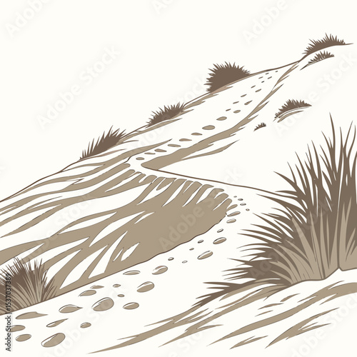 Sandy path winding up a hill footprints in sand desert landscape