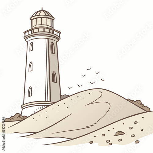 Coastal lighthouse on sandy dune with birds flying