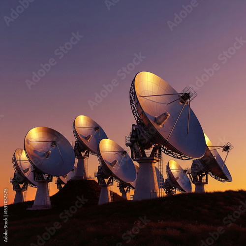 group of satellite  dish antenna  at sunset