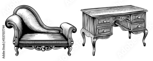 Vector Elegant antique armchair and writing desk .