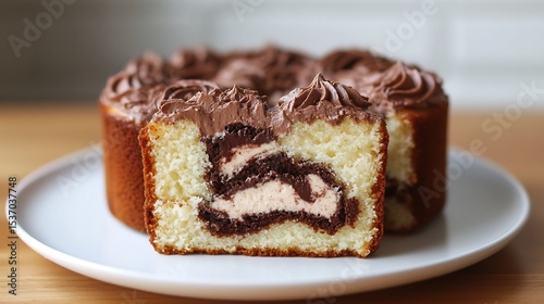 Wallpaper Mural Marble cake slice showing chocolate vanilla swirl minimalist dessert photography white plate Torontodigital.ca