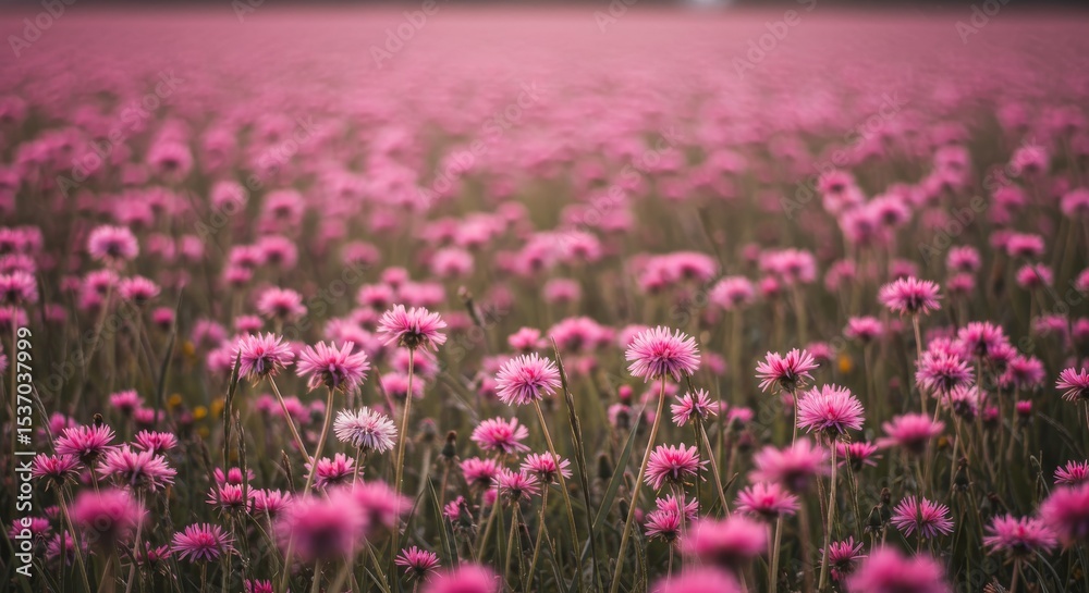 Obraz premium Pink Flower Field Serenity - Peaceful pink flower field, symbolizing serenity, beauty, nature's abundance, gentle growth, and soft light