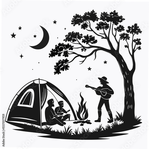 Campers enjoying night by campfire under starlit sky