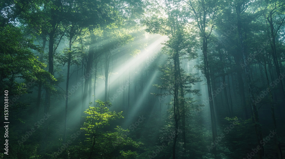 Obraz premium Dense forest covered in morning fog with sunlight rays piercing through