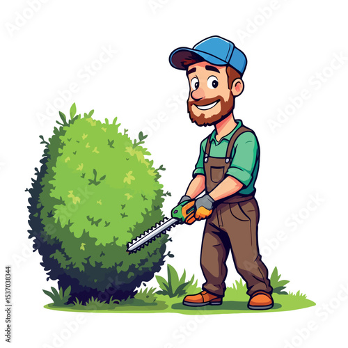 Vsai gardener trimming hedge with electric hedge trimmer in garden