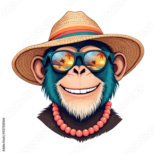 Vsai smiling chimpanzee wearing sunglasses, hat and necklace reflecting tropical beach sunset