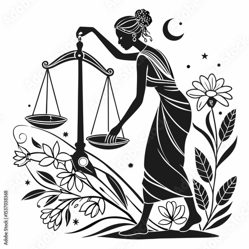 Woman silhouette libra scales zodiac sign floral design
