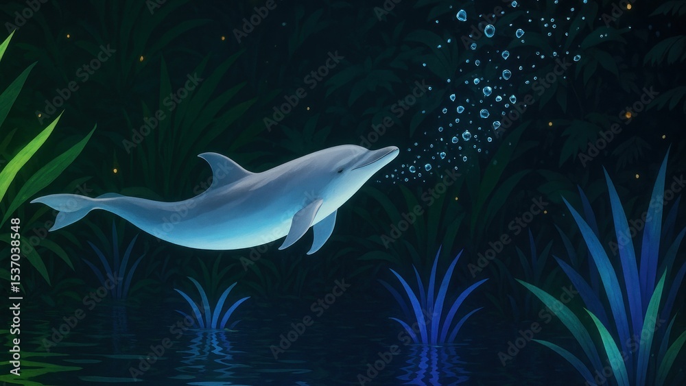 Fototapeta premium Serene dolphin in moonlit waters.