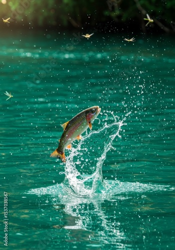 Rainbow Trout Leaping in Teal Water - A vibrant rainbow trout leaps from teal water, creating a dynamic splash. Insects fly above