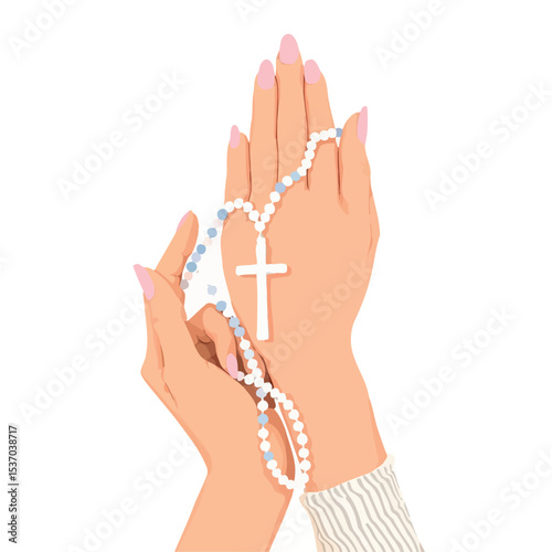 Vsai woman praying holding rosary beads in hands with white background
