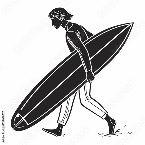 Surfer walking with longboard silhouette ocean beach summer