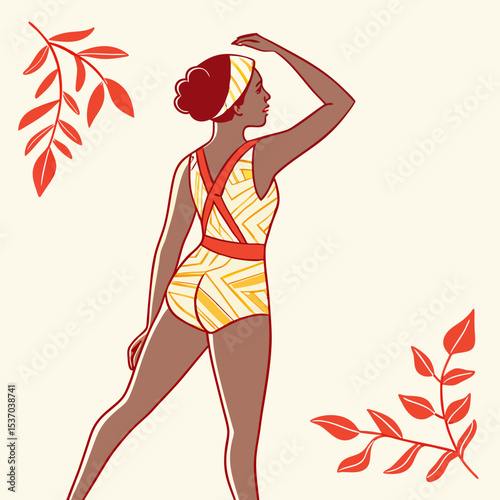Stylish woman in retro swimsuit posing by tropical leaves