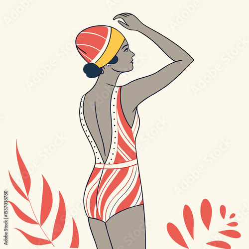 Retro summer fashion woman in striped swimsuit and cap