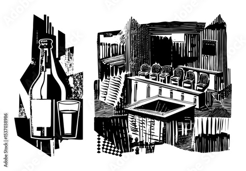 Vector Vintage bottle and glass alongside a bar interior .