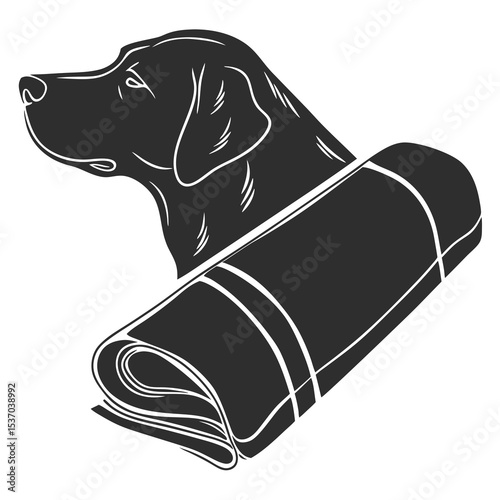 Labrador retriever dog head with rolled blanket pet bed