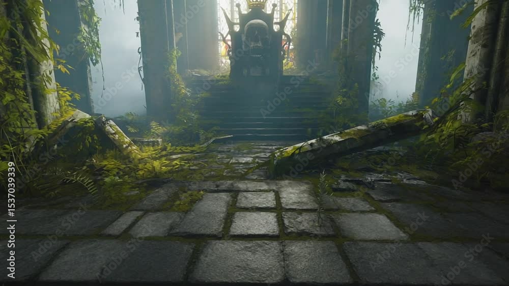 dark ritual chamber carved obsidian skull levitating golden crown speaks light pulses. Fog rolls concentric rings. circle of hooded figures bow crown emits tendrils of gold smoke. scene shape eye