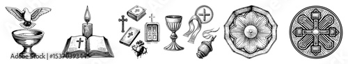 Vector Religious emblems and symbols collection featuring a  chalice and scripture.