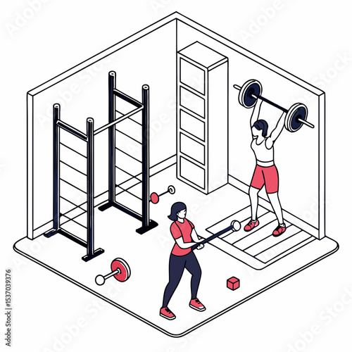 Isometric illustration two women working out gym fitness strength training