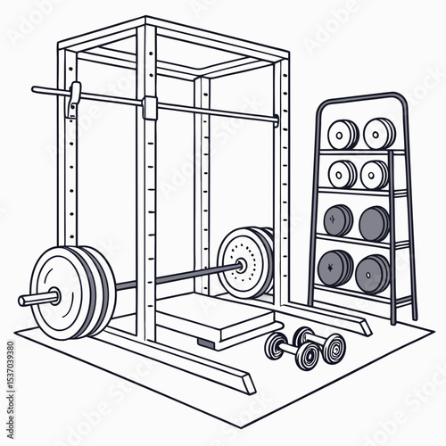 Home gym setup weightlifting rack dumbbells weights barbell