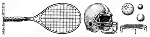 Vector Sporting equipment features a tennis racket football helmet basketball rugby ball and trampoline.