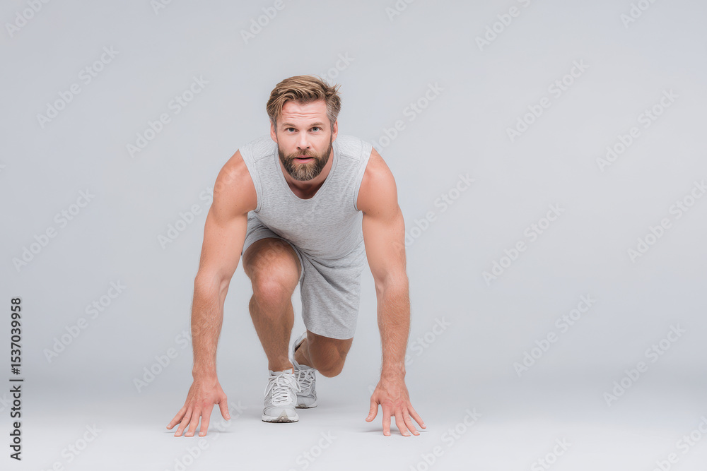 portrait of runner with cautious expression positioned at starting line of short distance race portrait of runner with cautious expression positioned at starting line of short distance race