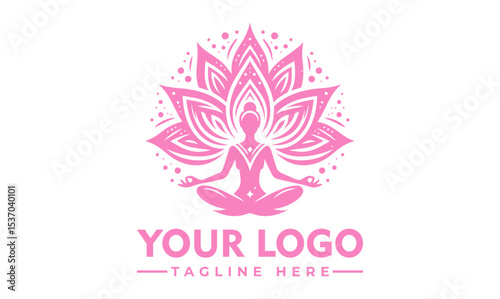 Serene woman meditating in lotus pose surrounded by a beautiful blue and pink lotus flower. Spiritual wellness concept