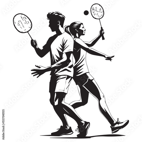 Silhouette of badminton players in action