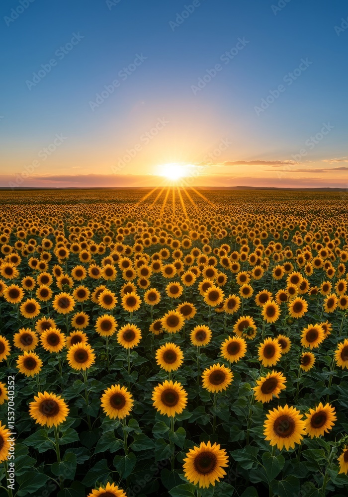 Obraz premium Sunlit Sunflower Field at Sunset - A vast field of sunflowers basking in the golden light of a setting sun, symbolizing nature, abundance, warmth, joy, and serenity