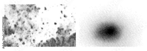Vector Abstract halftone dots forming a gradient and scattered shapes.