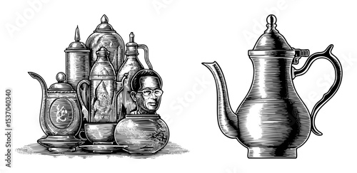 Vector Stacked vintage vessels and a portrait bust create a unique still life composition.