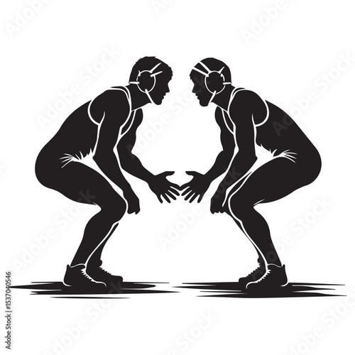 Two wrestlers facing off in a ready stance