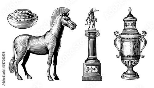 Vector Vintage illustrations showcase a horse pottery statue and ornate urn.