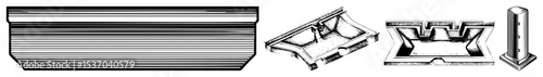 Vector Architectural illustrations depict a stack of papers a slanted structure a fortress and an arrow.