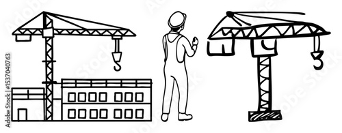 Vector Construction site featuring cranes and a worker.