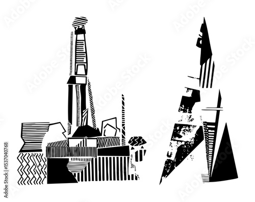 Vector Abstract cityscape features geometric buildings and sharp angles.