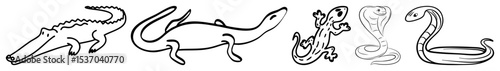 Vector Stylized reptile illustrations depict diverse poses and forms in a vector .