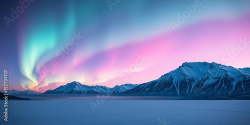 Dreamy pastel aurora borealis illuminates distant, snow-capped peaks,  graphic,  illustration