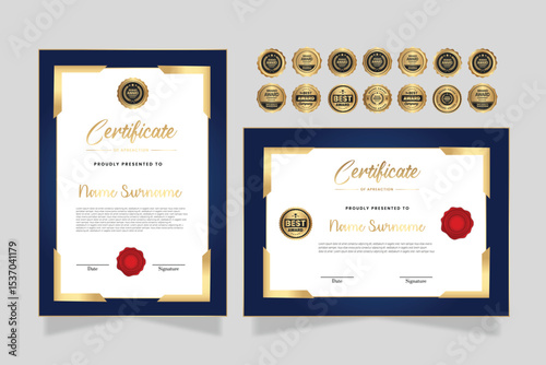 Gold and Blue modern certificate template for corporate, achievement, diploma, award, graduation, completion, appreciation, acknowledgement, recognition etc