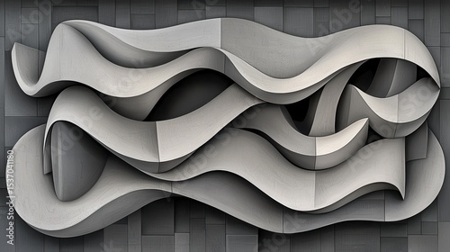 Interconnected White Ribbons Flowing Geometric Pattern on Dark Grey Textured Background
