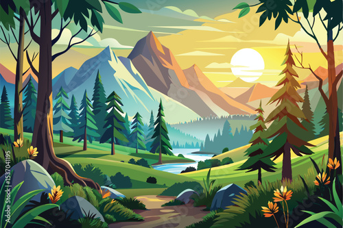 Majestic sunset illuminates a summer mountain landscape with green trees and a blue sky