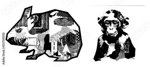 Vector Abstract primate and elephant illustrations showcase bold .