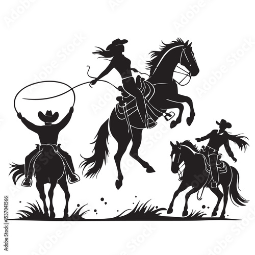 Silhouette of cowgirls and cowboys riding horses