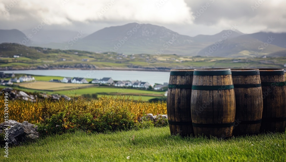Fototapeta premium Wooden barrels on a grassy hill overlooking a scenic Irish landscape